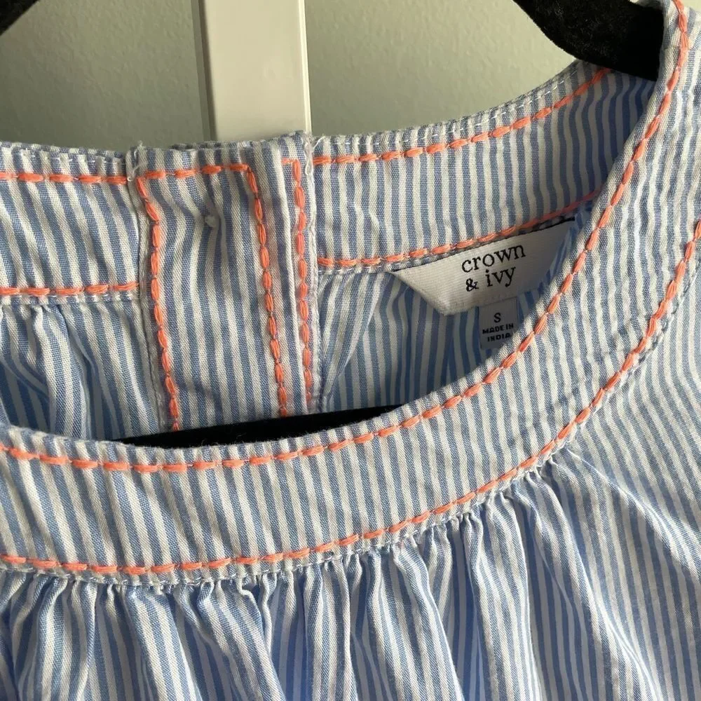 Crown & Ivy Blue Seersucker Blouse with Tie Sleeves - Picture 2 of 4